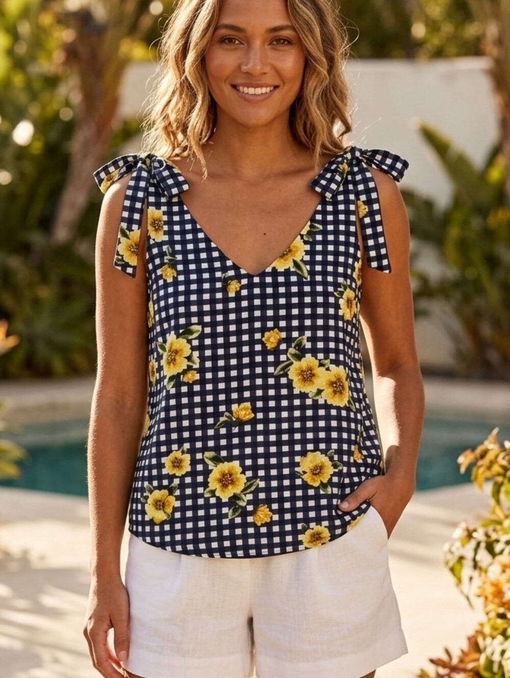 Pink Clover Floral Gingham Tie Up Tank Top Blouse